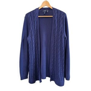 Wms Lands' End Navy Blue Longer Open Front Cable Knit Cozy L Cardigan Sweater